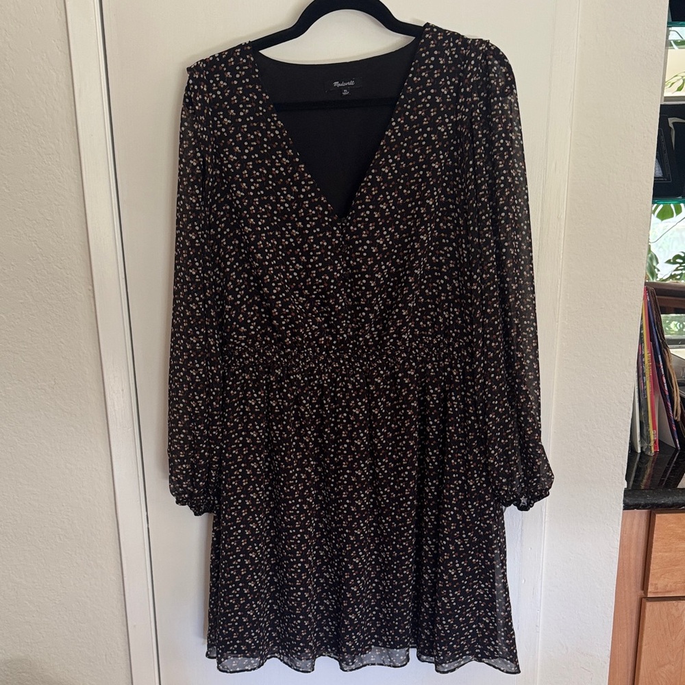 Madewell Black Long Sleeve Mini Dress with Tiny leaf Print